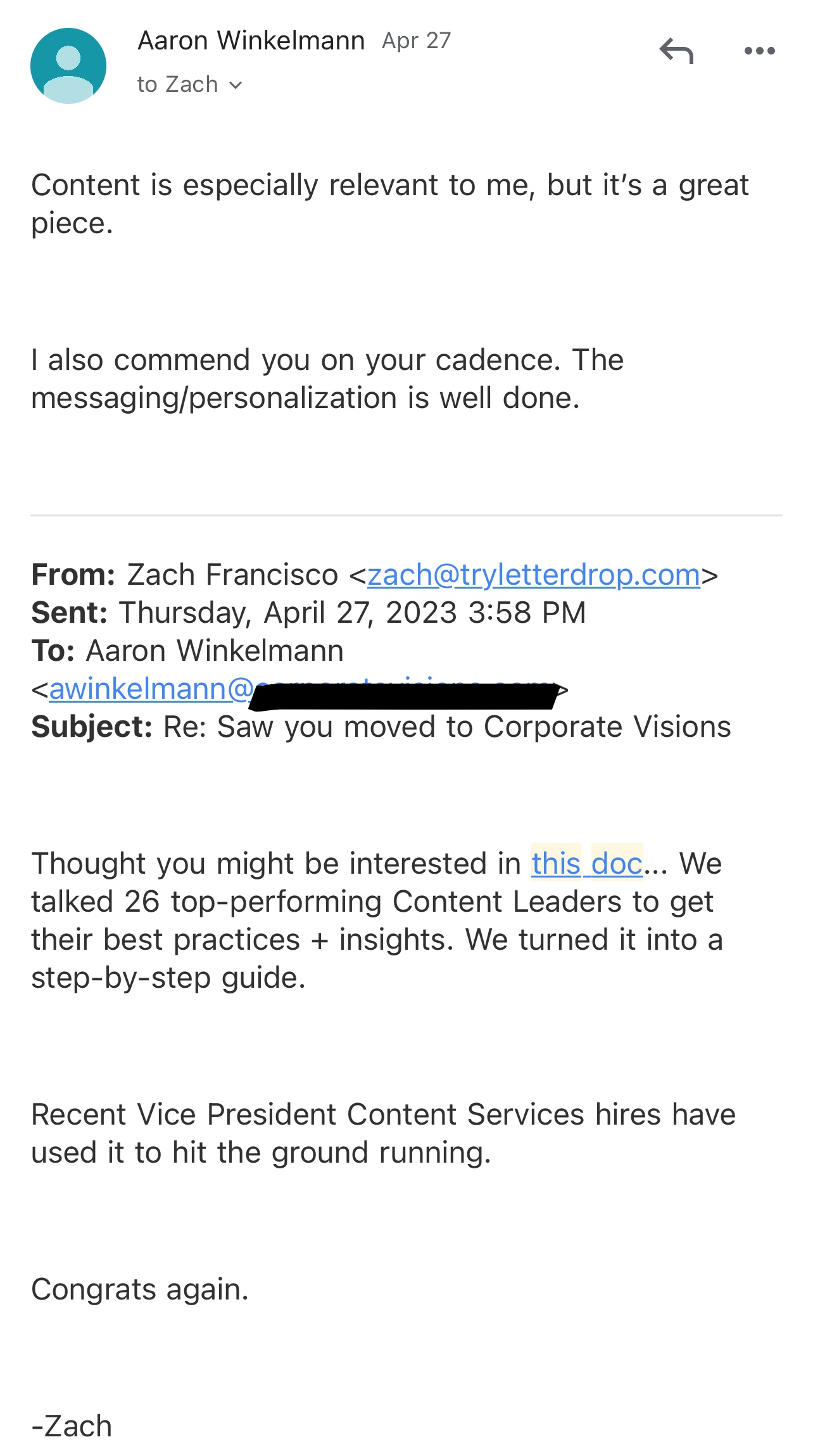 Aaron from Corporate Visions thank us for our content in a prospecting email