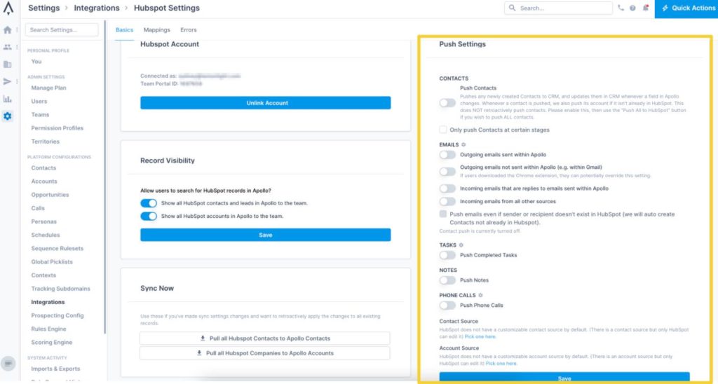 Hubspot push settings